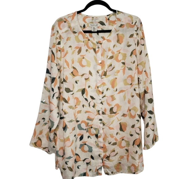 Rachel Zoe Women's Linen Blouse Size 2X Abstract Floral Roll Tab Button Front - Picture 4 of 14